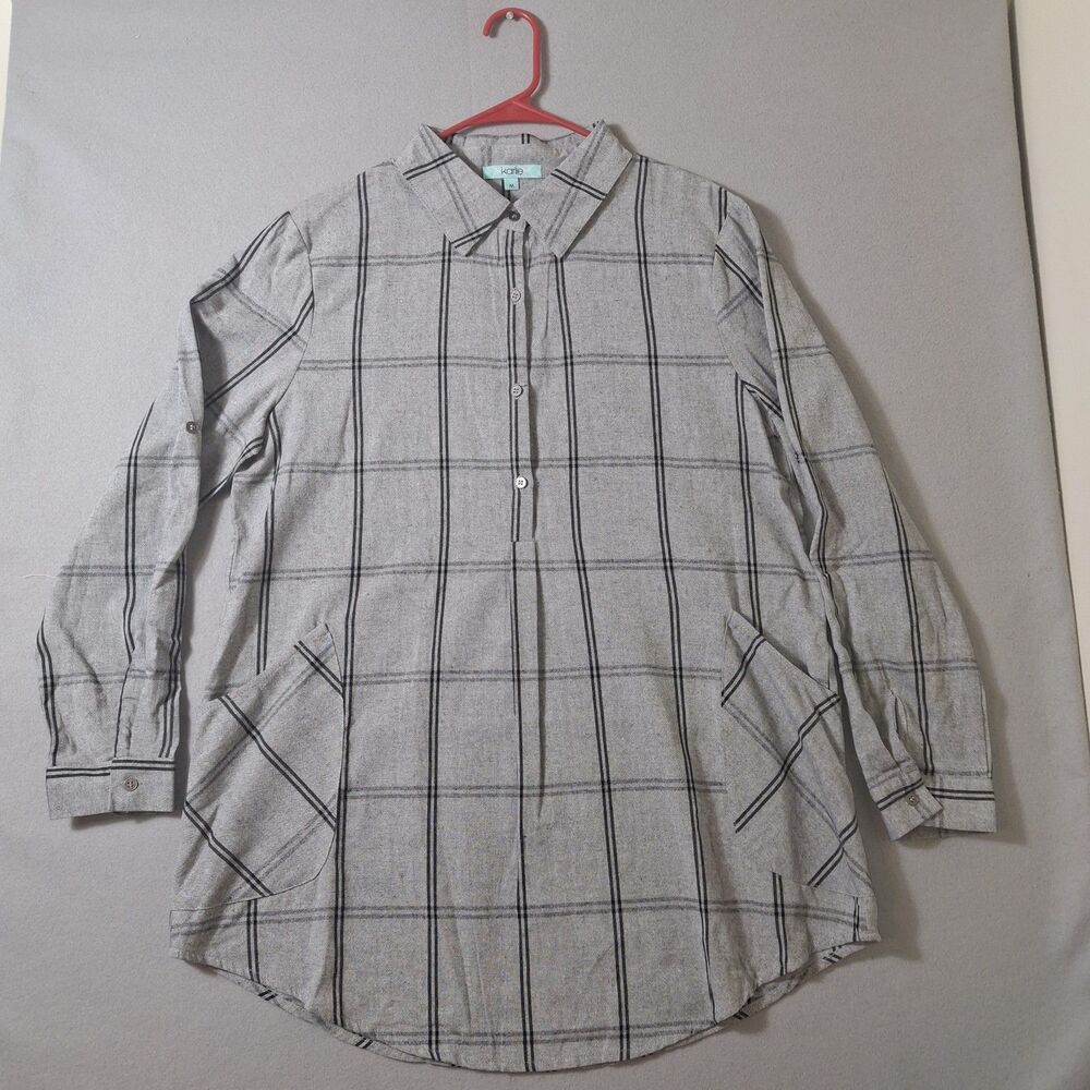 Karlie Tunic Windowpane Plaid Grey Medium Roll Tab Sleeve Lightweight Pockets